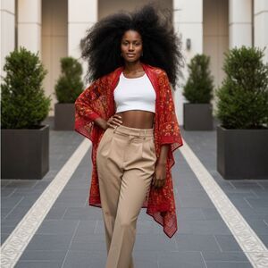 Tolani 86” x 34 “long red with hand embroidery flowers, vintage scarf